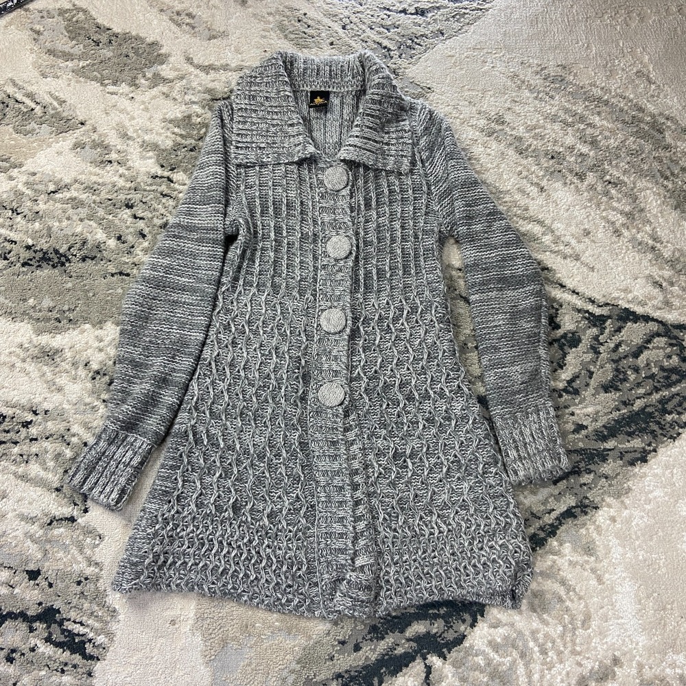 Vintage Alpaca Wool Blend‎ Grey Ribbed Knit Collared Cardigan Jacket Size Small